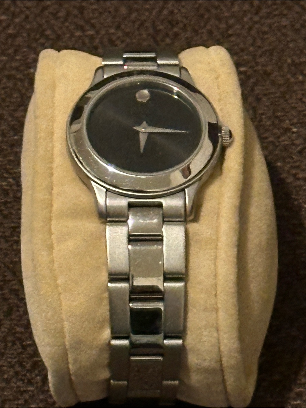 Movado Stainless Steel Black Dial Wristwatch - Brushed Silver Bracelet.
